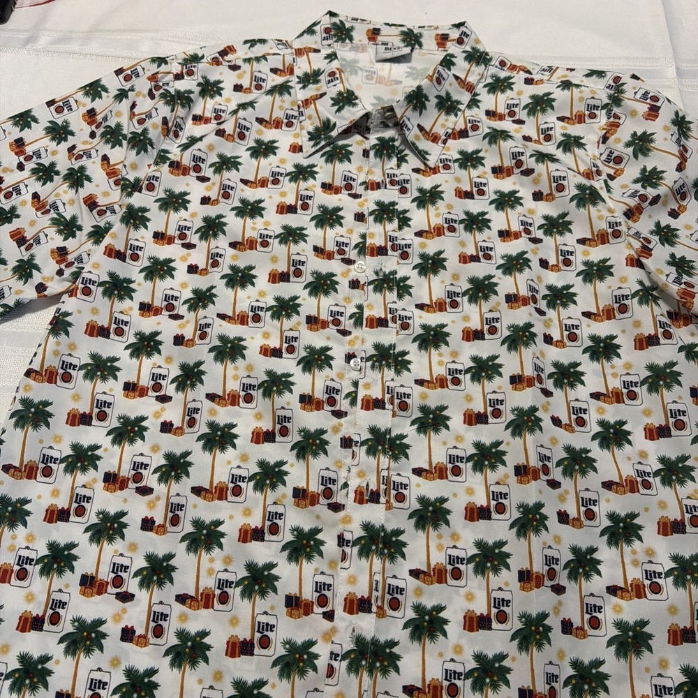 Miller Lite Holiday Palm Tree Shirt Mens Large Beer Christmas Button Up BDA